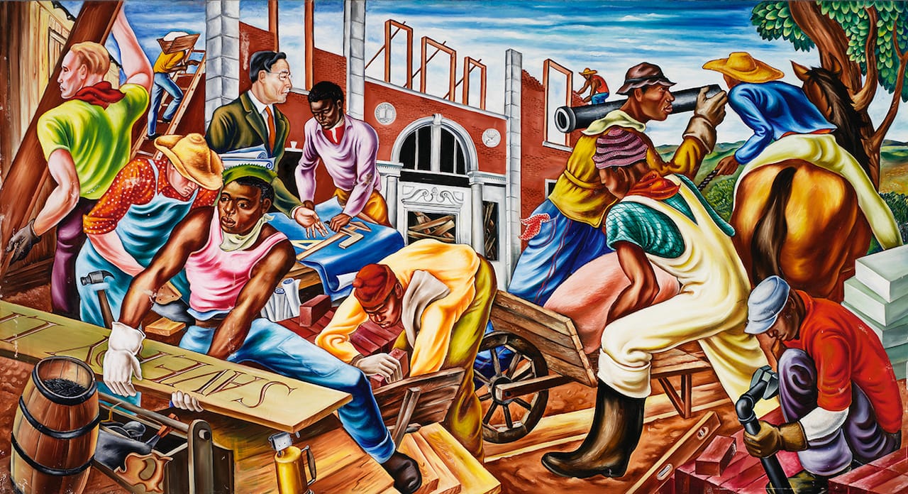 Hale Woodruff, "The Building of Savery Library" (1942), Oil on canvas, Collection of Savery Library, Talladega College, Talladega, Alabama