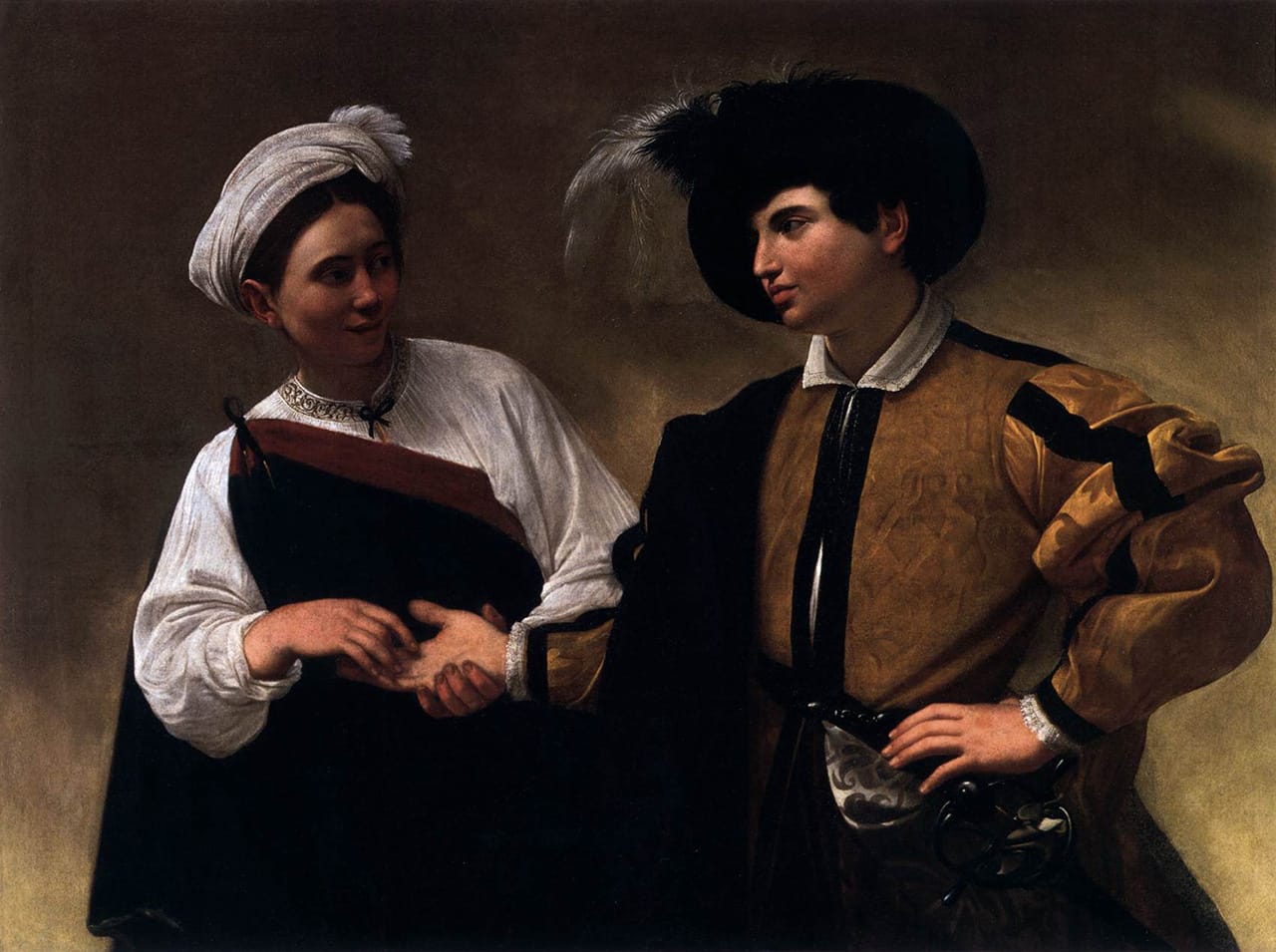 Caravaggio, "The Fortune Teller" (c. 1596). Oil on canvas, 115 x 150 cm. Pinacoteca Capitolina, Rome. (Image via Web Gallery of Art)