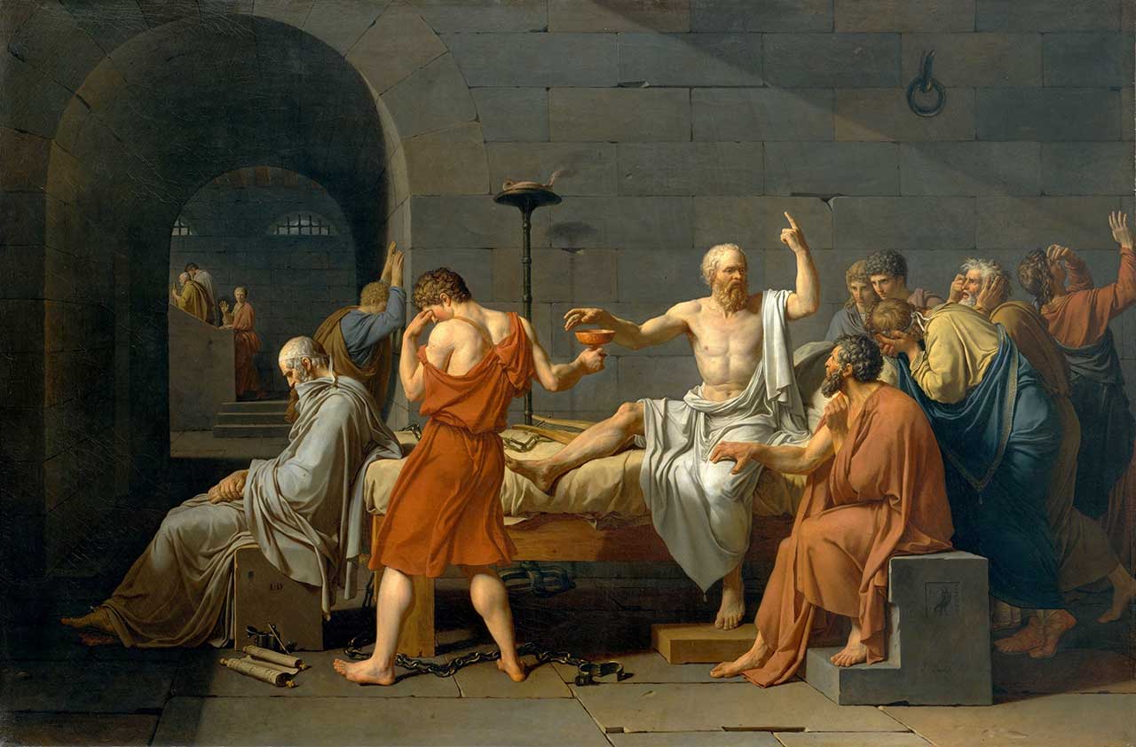 Socrates, a male philosopher, surrounded by yet more male philosophers, in Jacques-Louis David's "The Death of Socrates" (1787) (via Wikipedia)