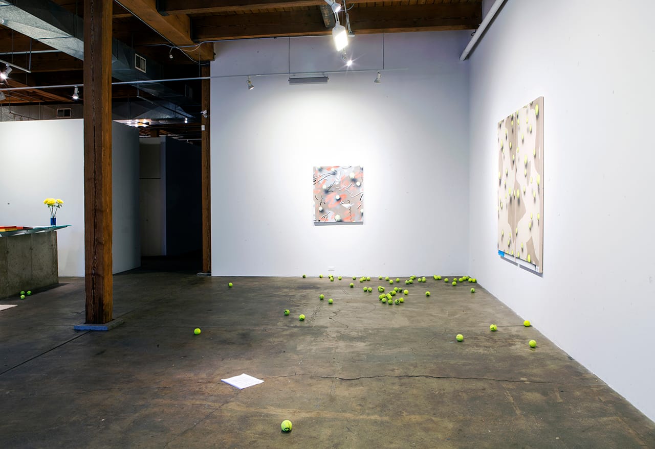 Installation view, ‘DOGS CHASE BALLS’ at Carrie Secrist Gallery (photo by Sarah Condo)