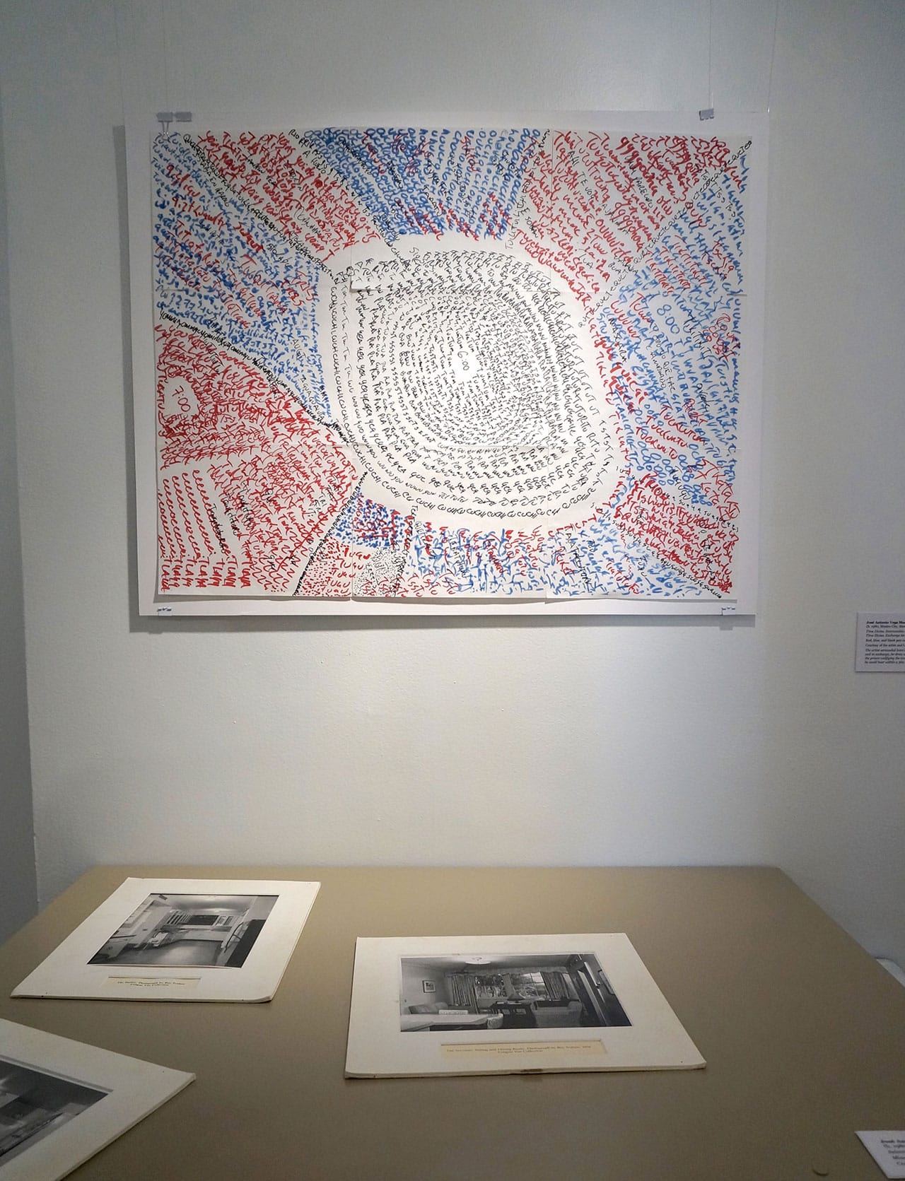 José Antonio Vega Macotela, "Time Divisa. Intercambio 66" (2007), red, blue, and black pen on paper. "The artist serenaded Ivan's mother at her home and in exchange, he drew an acoustic map of the prison codifying the environmental sounds he could hear within a 360 degree radius." (click to enlarge)