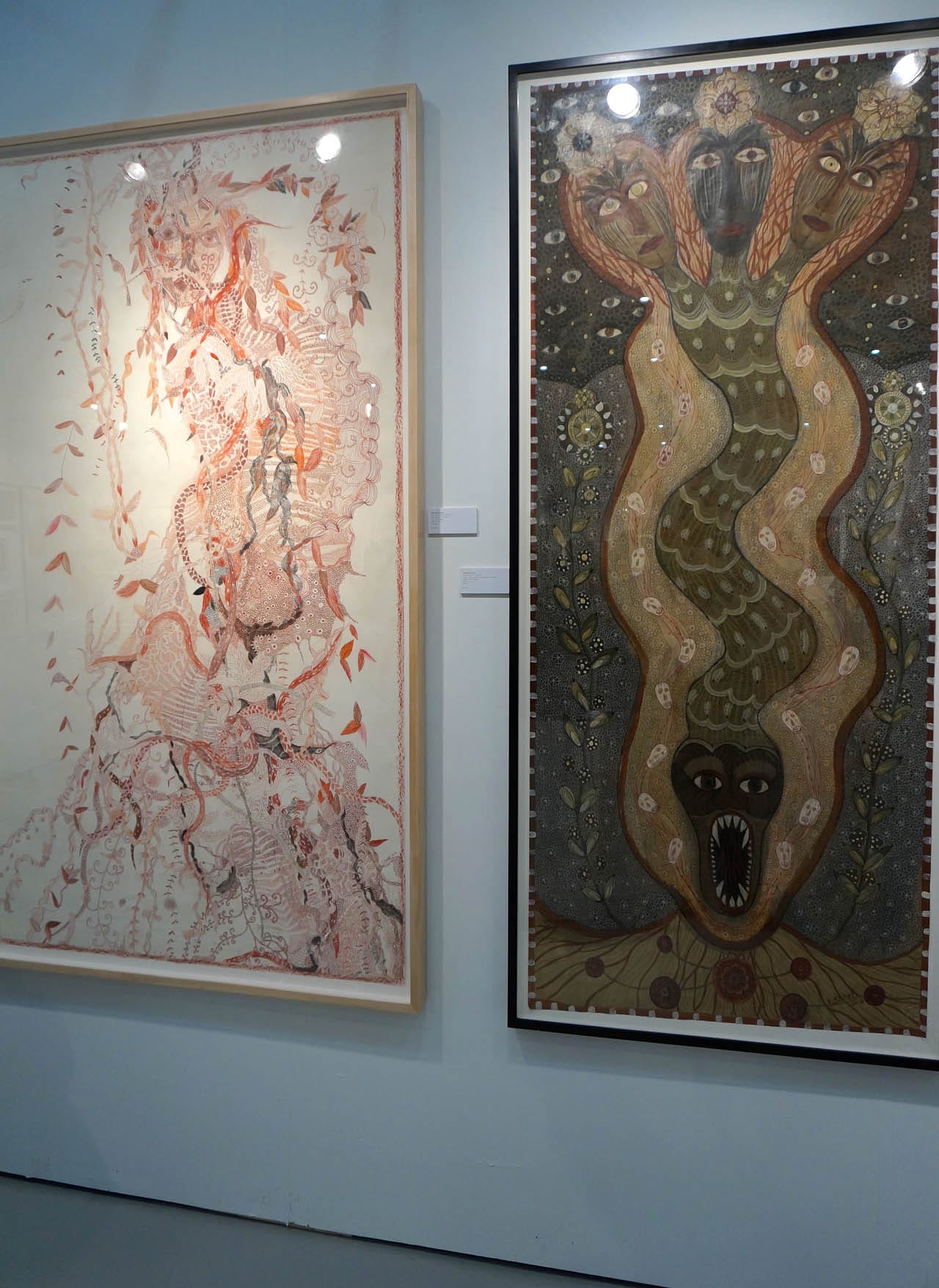 Solange Knopf, "Women and Birds (red)" (2012), colored pencil on paper, and "Spirit Codex No. 18" (2013), acrylic, colored pencil, and graphite on paper