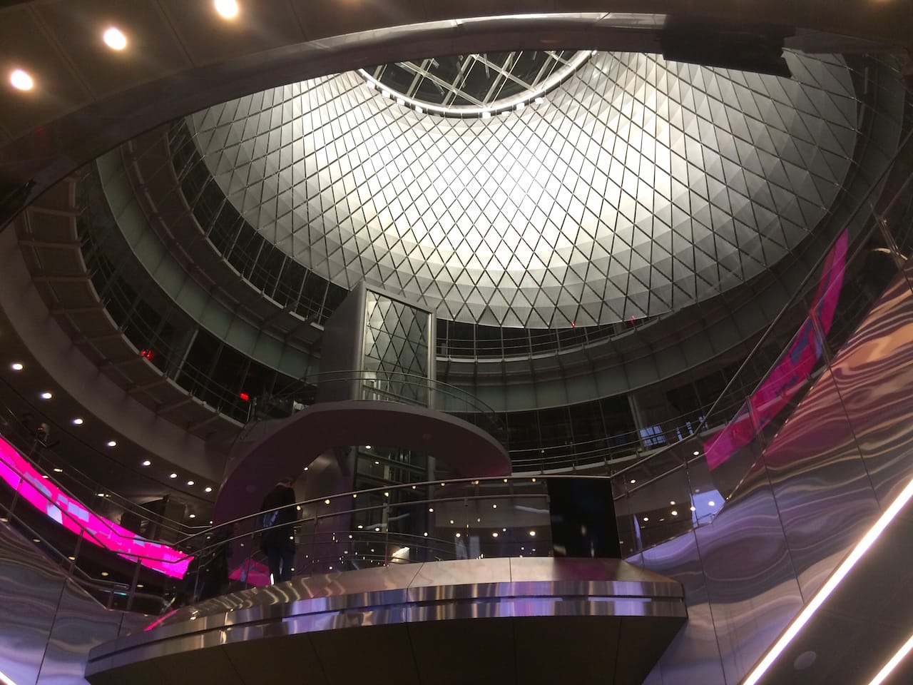 Inside the Fulton Center, looking up at the oculus (all photos by the author for Hyperallergic)