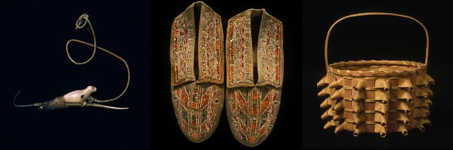 Fish hook with carved seal (late 19th-early 20th century), ivory, brass or copper, sinew, fishing line, from Canadian Arctic; Round curled basket from Northeast North America; Pair of moccasins (mid-19th century), buckskin, porcupine quills, sinew, from North American Eastern Woodlands (all images courtesy Dartmouth Museum of Art)