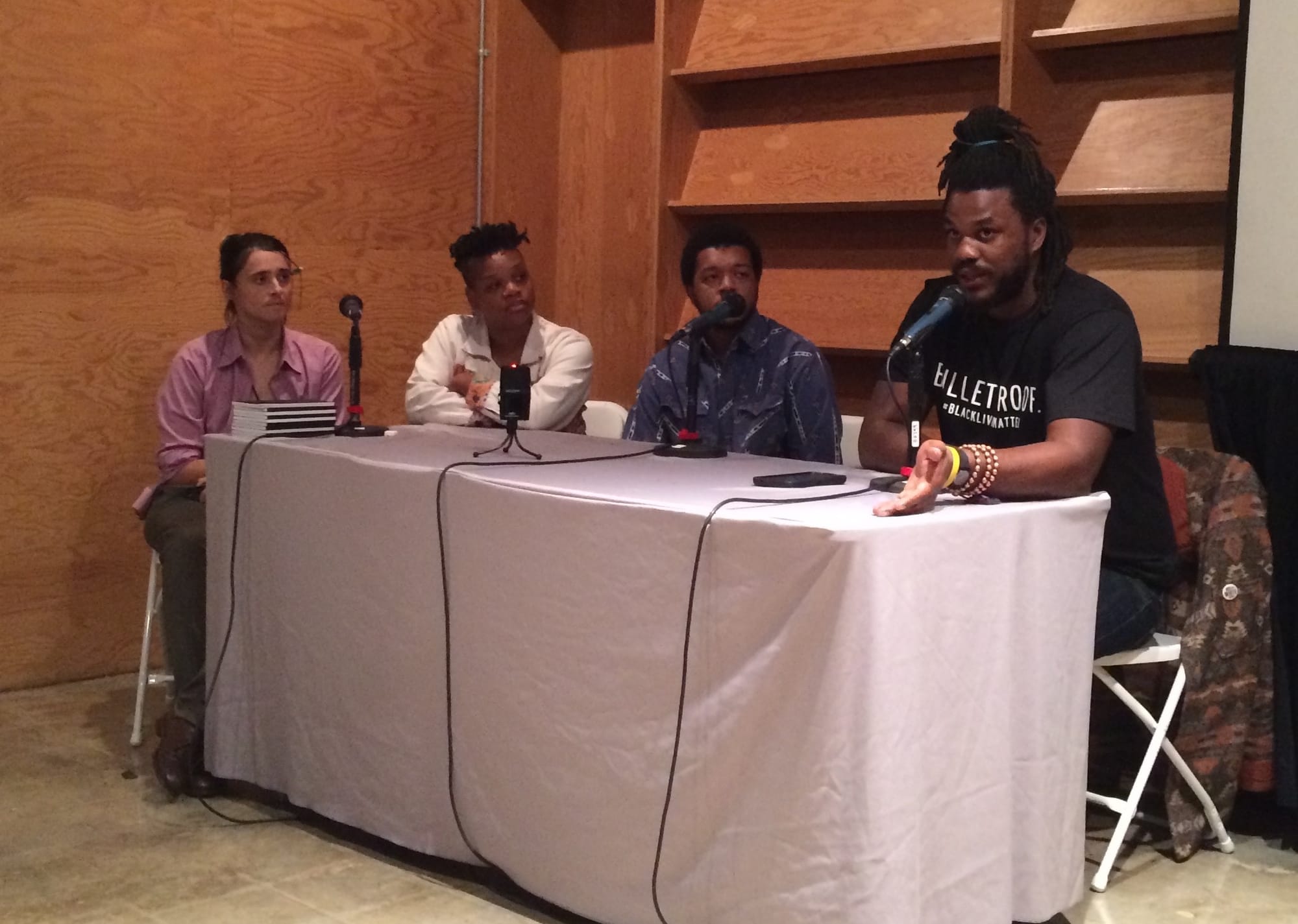 Artist Edie Fake, curator Erin Christovale, curator Amir George, and Black Lives Matter member Damon Turner at the LA Art Book Fair