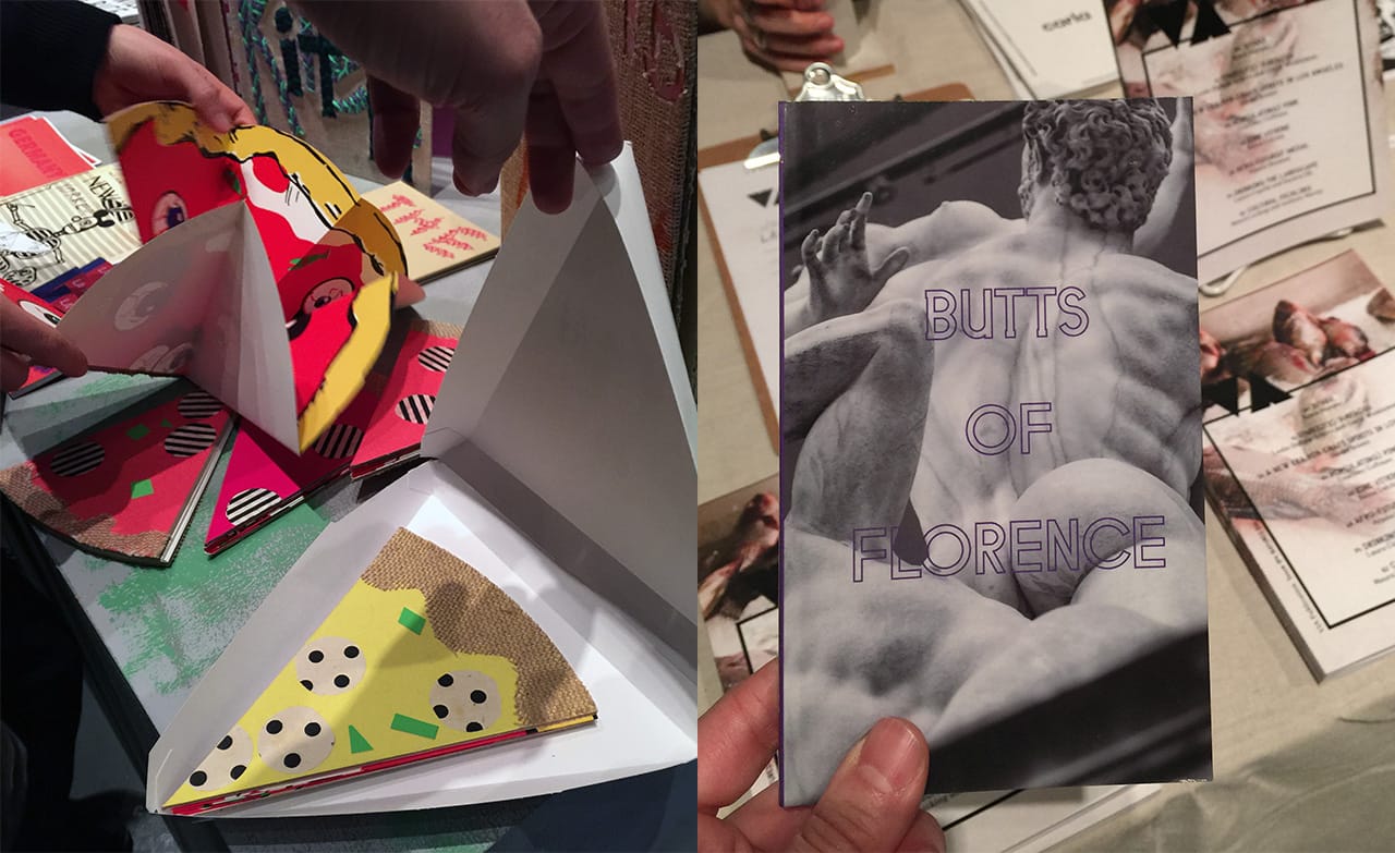 Edgar Bryan's Pizza books, left, and Erik Benjamins's Butts of Florence at the VIA publication booth.