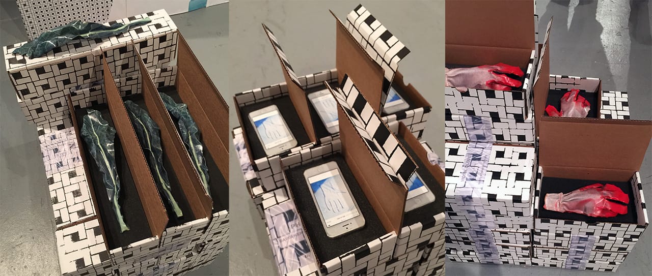 A look at the printed and sculpted (left to right) kale, iPhone, and glove by David 