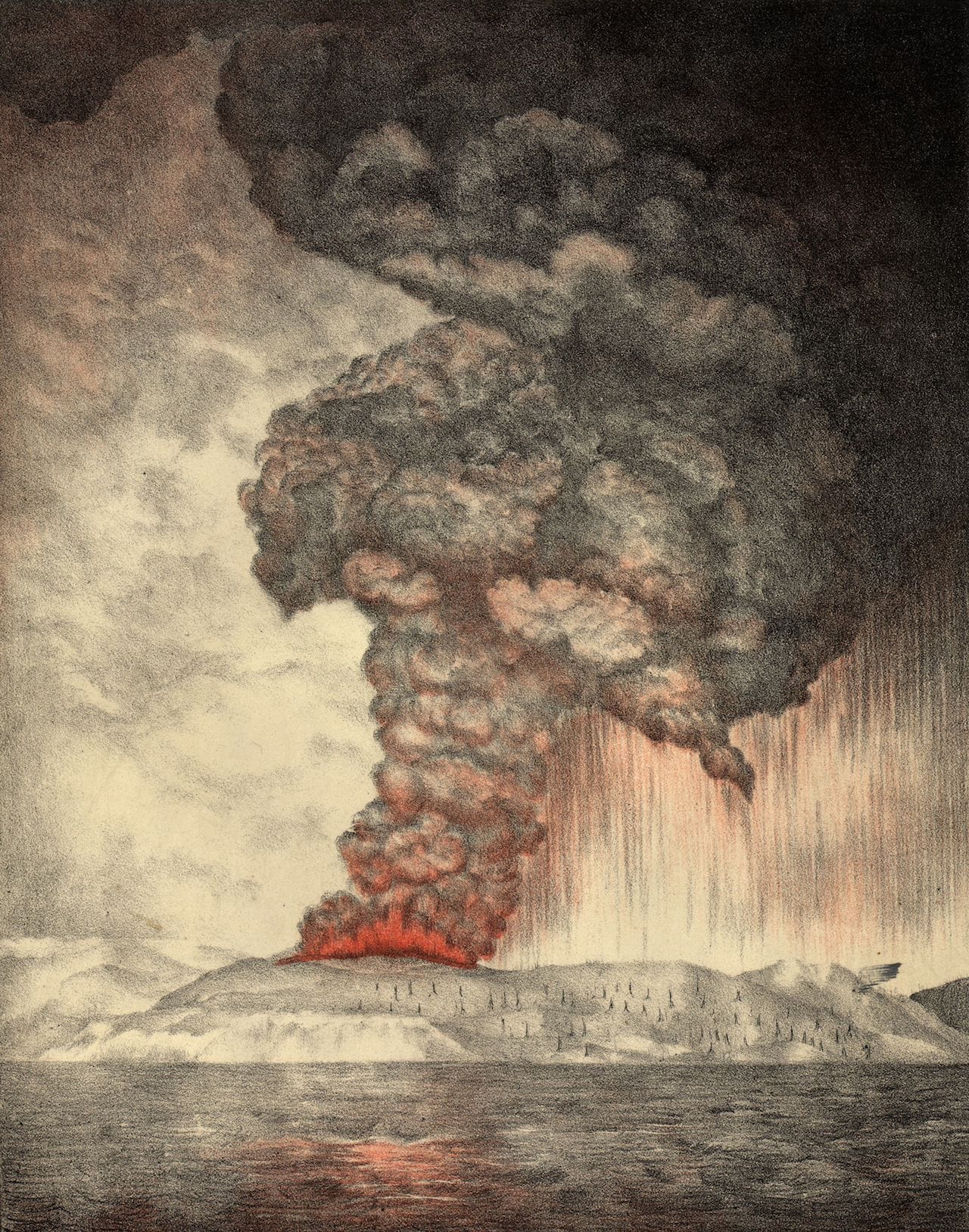 An 1888 lithograph of the 1883 eruption of Krakatoa (Parker & Coward, Britain, via Wikimedia)