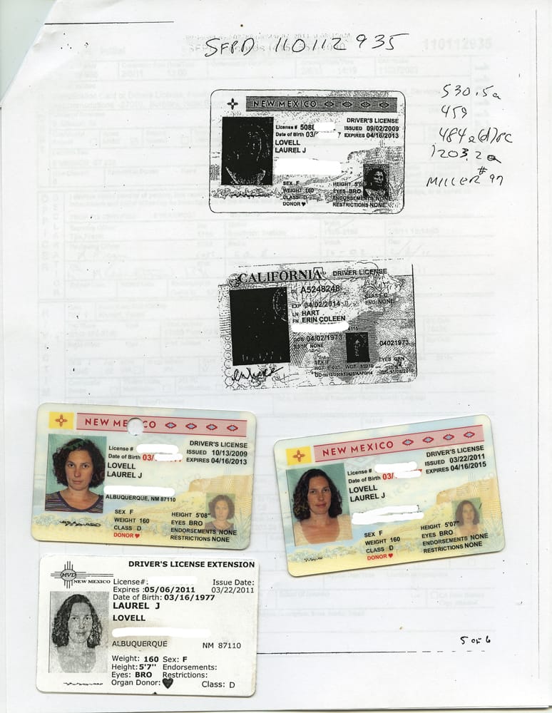 Jessamyn Lovell,  "IDs" (2011), from 'Dear Erin Hart,': "The San Francisco Police Department Financial Crimes unit called me one morning in late February, 2011 to ask if I had given a woman named Erin Coleen Hart permission to use my New Mexico State driver’s license. These are all the IDs I dealt with throughout the case, including a copy of Erin Hart’s California driver’s license." (click to enlarge) 