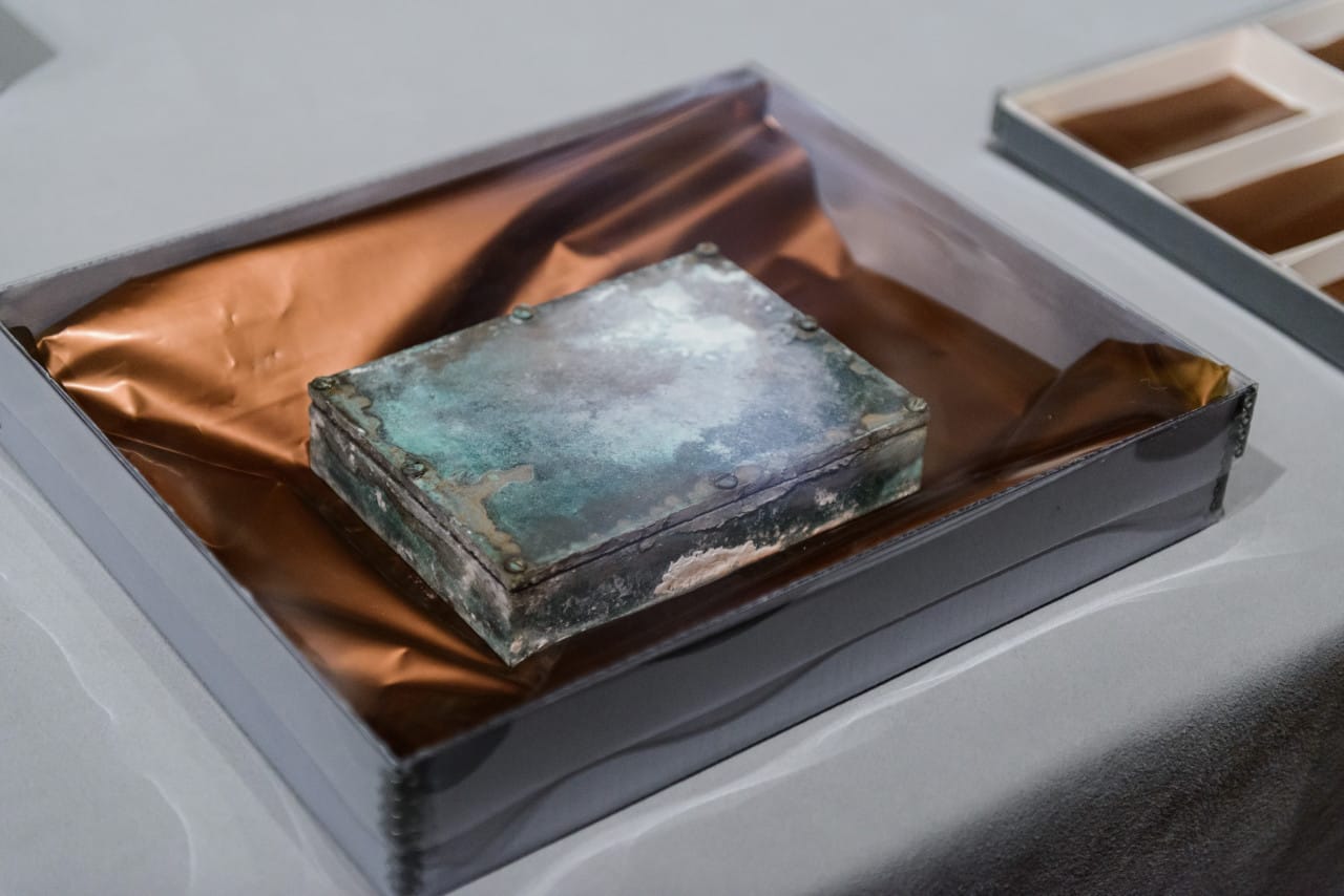 A time capsule found in the cornerstone of the Massachusetts State House building prior to opening. January 6, 2015 (Photo courtesy of Museum of Fine Arts, Boston)