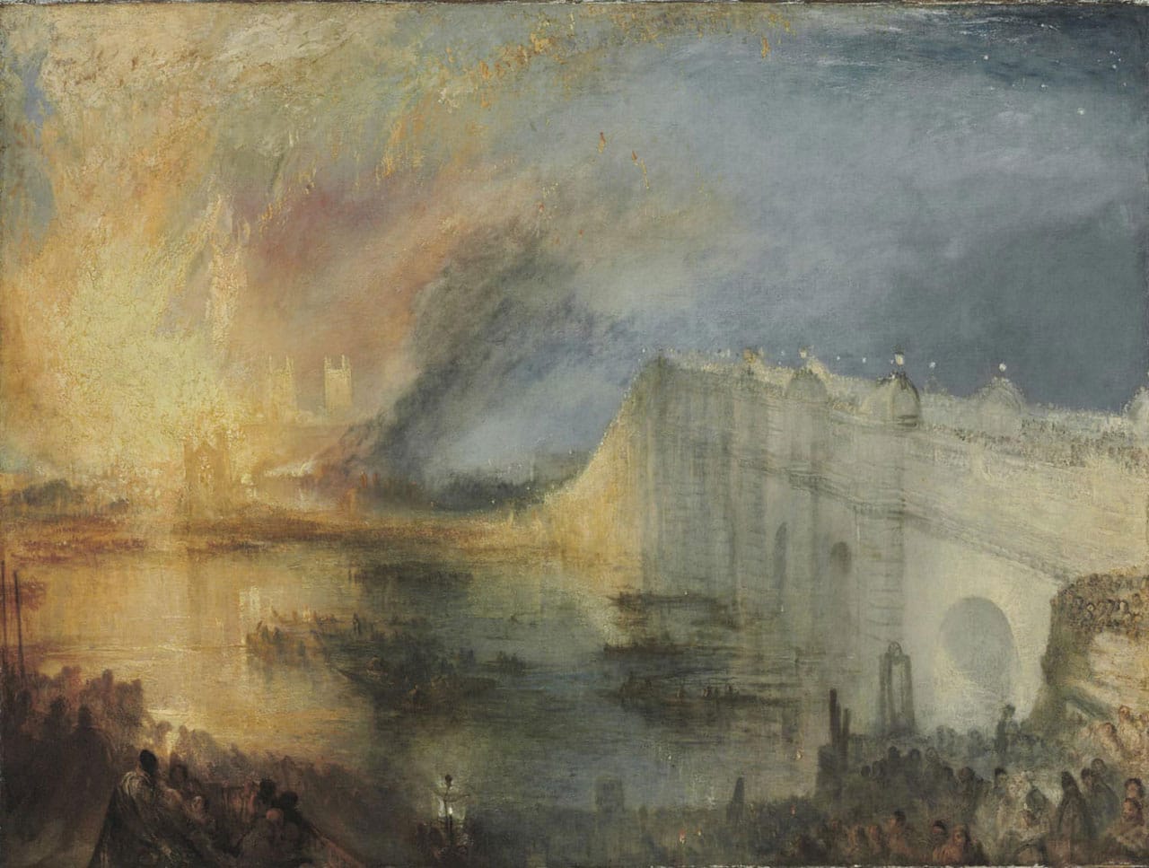 JMW Turner, "The Burning of the Houses of Lords and Commons, October 16, 1834" (1834–35), oil on canvas, 36 1/4 x 48 1/2 in (92.1 x 123.2 cm) (via philamuseum.org)