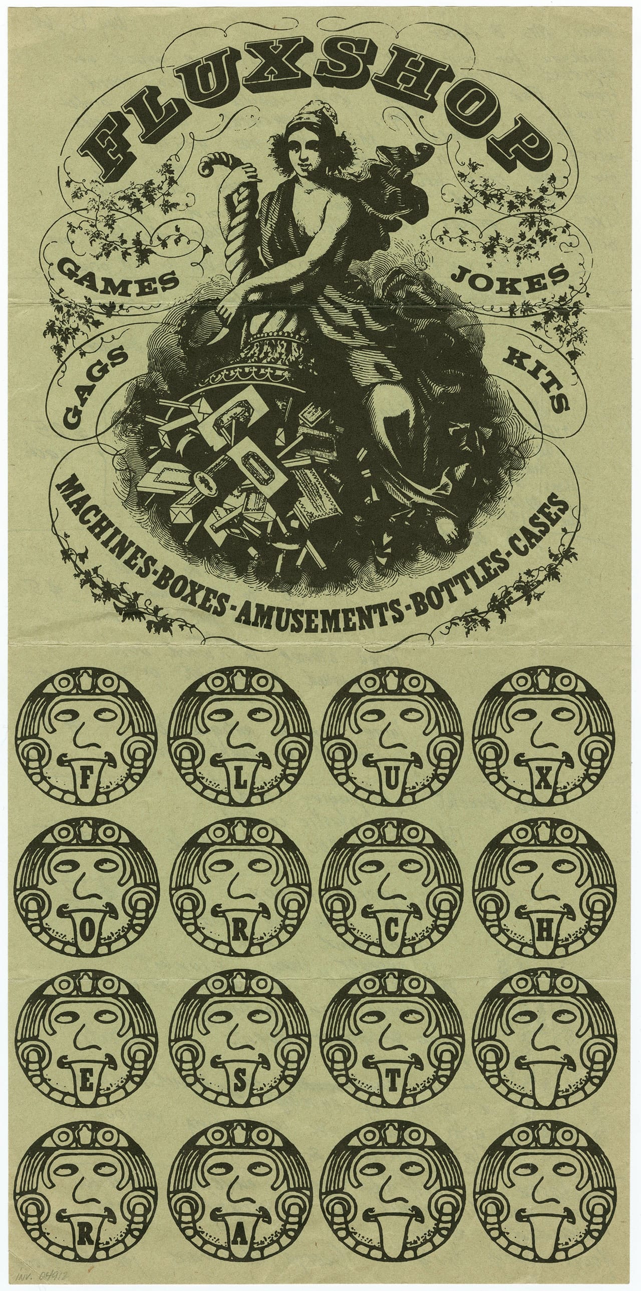 George Maciunas, "Fluxshop Stationery (recto)" (nd), offset, printed in black, 13 3/4 x 6 3/4 inches (The Gilbert and Lila Silverman Fluxus Collection Archives, The Museum of Modern Art Archives, New York) 