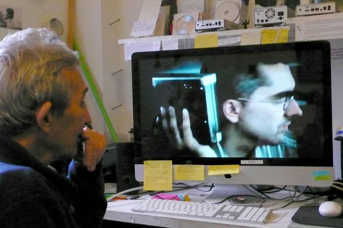 The young George Maciunas in an archival clip from Perkins’ film-in-progress (photo by Edward M. Gómez for Hyperallergic)