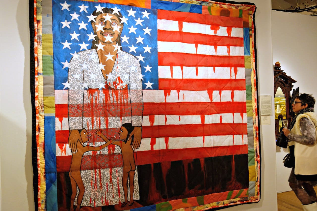 Faith Ringgold, "The Flag is Bleeding #2 (The American Collection #6)" (1997), acrylic on canvas with painted & pieced border, 79x76 inches, Forum Gallery
