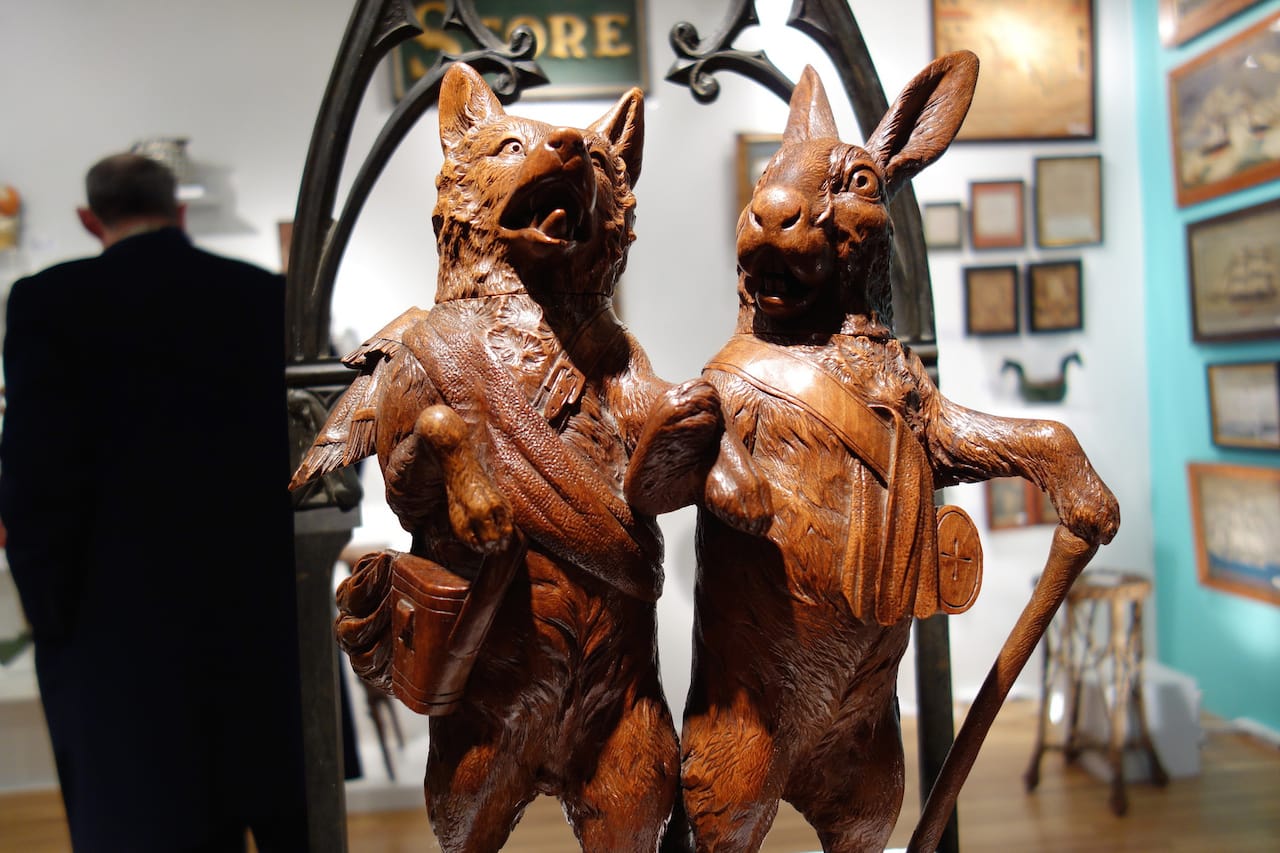 "Very rare and desirable carving of a Fox & Rabbit / Hare walking hand-in-hand tobacco boxes" (1878), Leatherwood Antiques