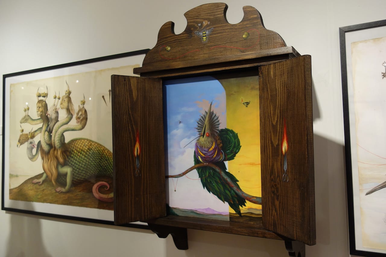 El Gato Chimney, "The Ancestor" (2014), acrylic on canvas with painted wooden cabinet, Stephen Romano Gallery