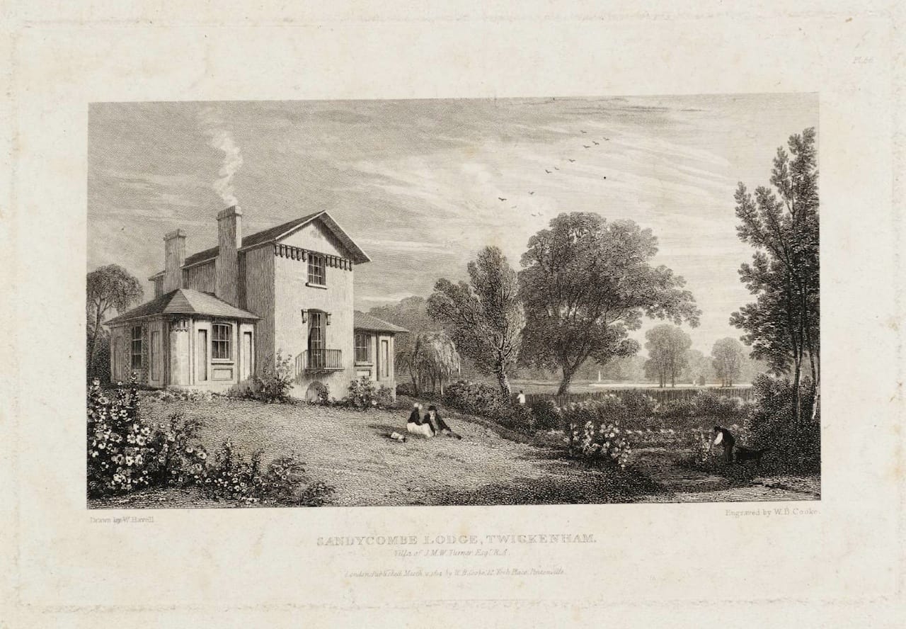 W.B. Cooke, "Sandycombe Lodge, Twickenham, Villa of J.M.W. Turner" (1814), engraving published by William Havell, transferred from the British Museum 1988 (Image via Wikimedia)