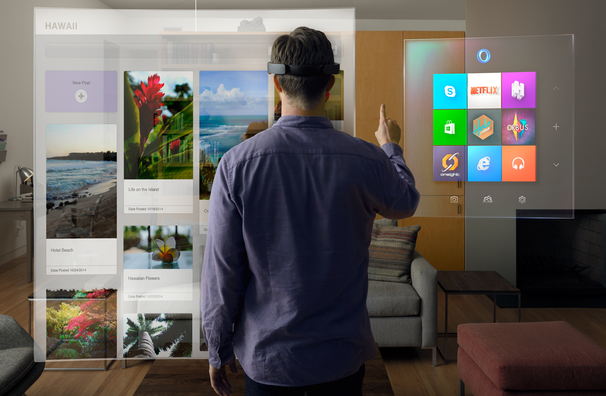 A user of the HoloLens, courtesy of Microsoft. 