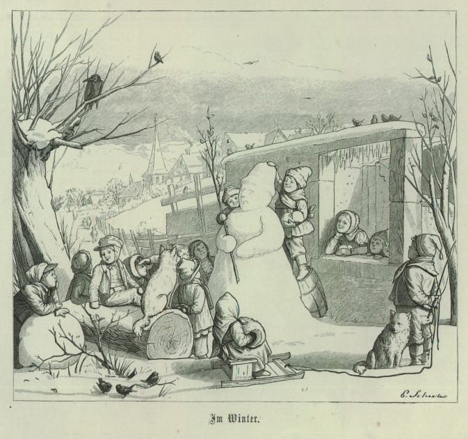 Eduard Schulz, "Im Winter" from 'The world in miniature: twelve pictures of the children's lives' (1867) (via Wikimedia Commons)