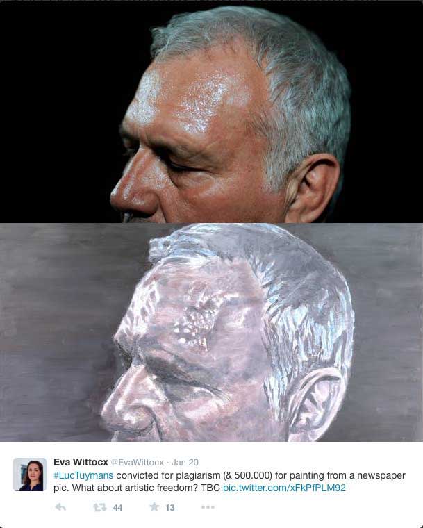 Part of the original photograph appropriated by Luc Tuymans, with part of his painting below (image via @EvaWittocx/Twitter)