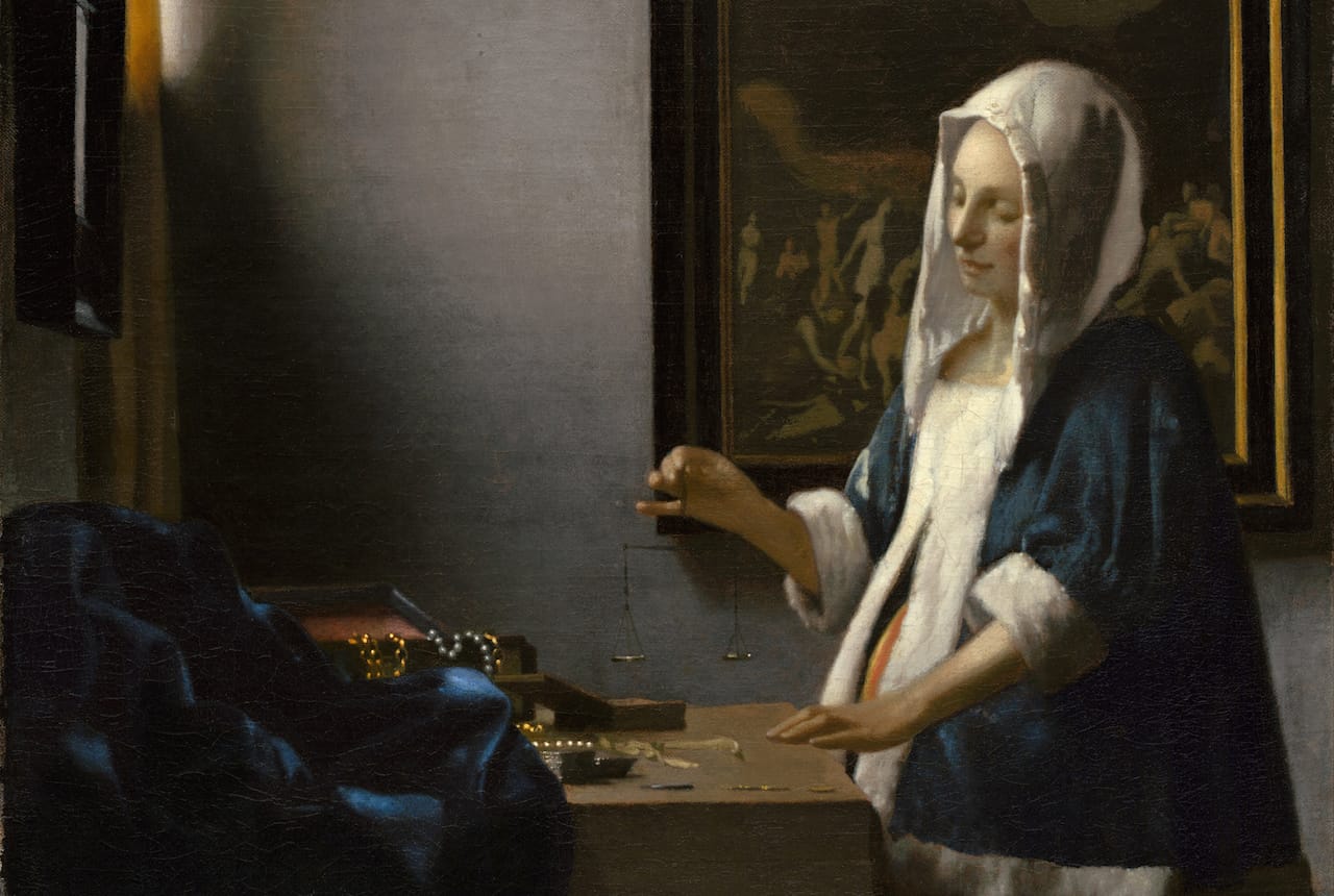 Johannes Vermeer, "Woman Holding a Balance" (detail) (c. 1664) (via Wikimedia Commons)