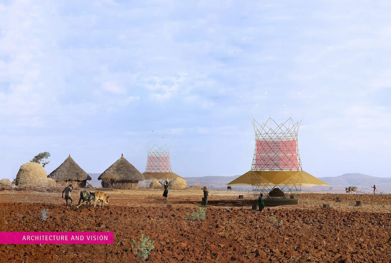 A rendering of how Warka Water towers would fit into the village landscape (image courtesy of Architecture and Vision) 