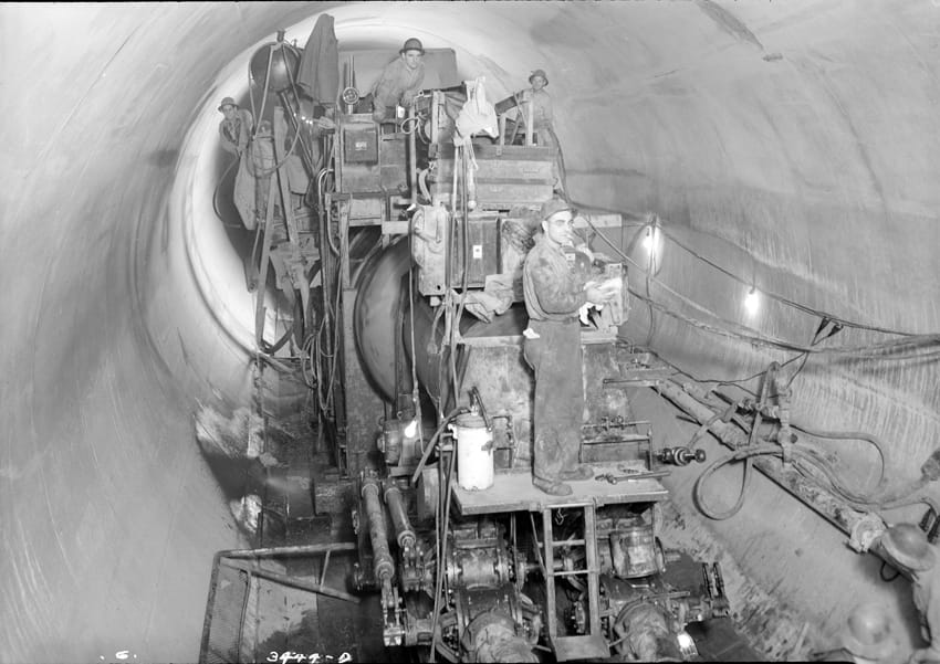Archival photograph from the construction of the New York water system (New York City Department of Environmental Protection archives, courtesy Queens Museum)