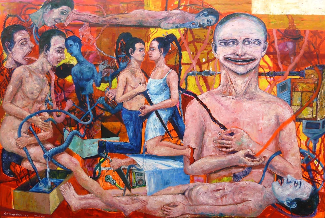 Entang Wiharso, "Double Protection: Invisible Threat" (2014), oil and acrylic on linen, 78 3/4 x 118 in