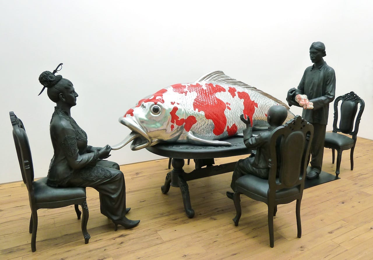 Entang Wiharso, "Inheritance" (2014), graphite, resin, color pigment, thread steel, life-size installation, ed. 1 of 2