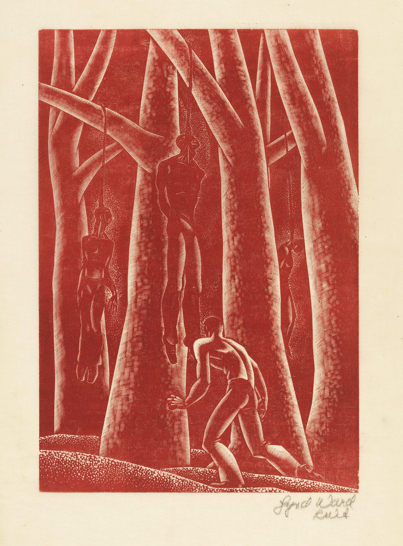 Lynd Ward Lynching, from the novel Wild Pilgrimage (1932), wood engraving 9 in x 6 3/4 in., Mary and Leigh Block Museum of Art, Northwestern University, 1999.27.1 (click to enlarge)