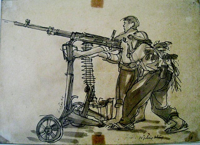 Co Tan Long Chau, "Air Defence Team", 1960s battlefield sketch, courtesy Ho Chi Minh City Fine Arts Museum