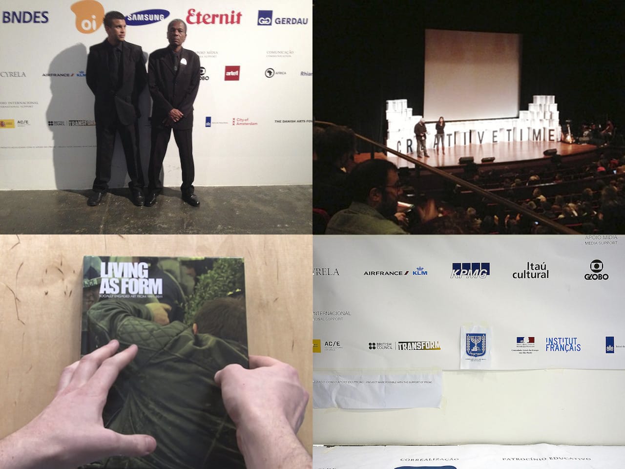 Clockwise from top left: Security guards cover the logo of the Israeli consulate in Sao Paulo on the evening of August 31, 2014 (image via Tony Chakar/Facebook); Members of Tidal Journal addressing the BDS boycott of the 2012 Creative Time Summit on stage. (photo Hrag Vartanian/Hyperallergic); 31st São Paulo Biennial sponsor board on the ground floor of the main exhibition hall, Tuesday August 19, 2014 (photo by Willis Besara); ‘Living as Form: Socially Engaged Art from 1991-2011′ is the book that accompanied the Creative Time Living as Form exhibition when it showed in New York in 2011 (screenshot via Creative Time on Vimeo)