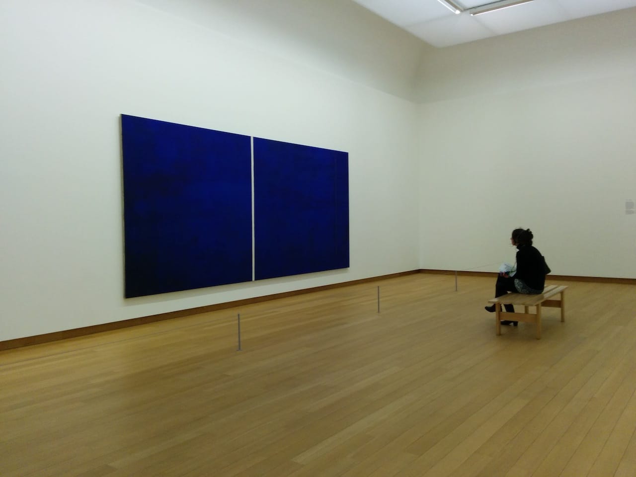 A visitor at the Stedelijk Museum in Amsterdam takes in Barnett Newman's 1951 painting "Cathedra" (Image via Wikimedia) 