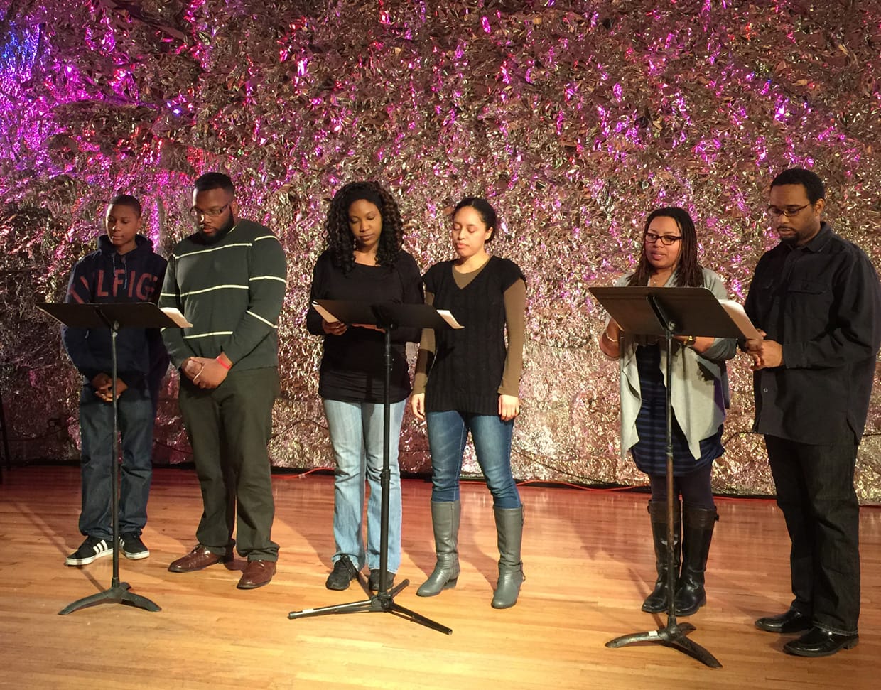 Jay Mazyck, Justin Thomas, Lauren Lattimore, Wi-Moto Nyoka, Courtney Harge,and Seth Diggs reading Mary Burrill’s “Aftermath” at JACK, Brooklyn, Feb. 8, 2015. (photo by author for Hyperallergic)