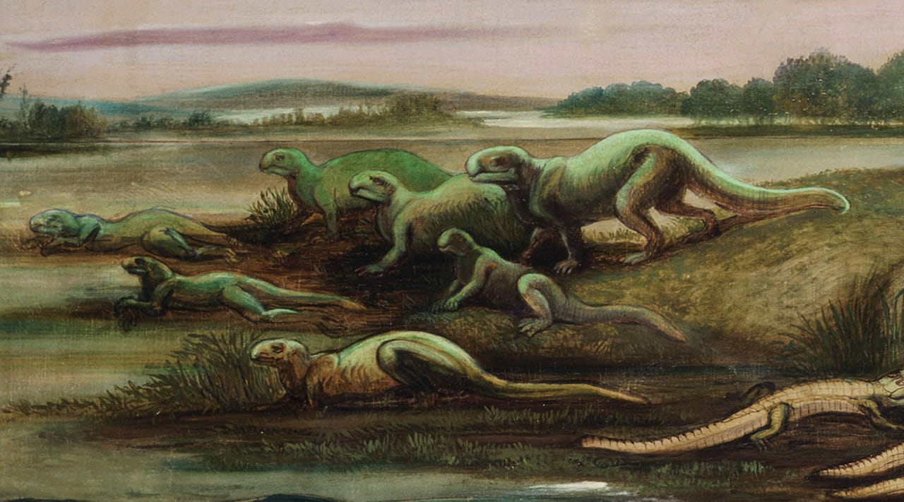 Detail of Benjamin Waterhouse Hawkins's "Jurassic Life of Europe" (1877), oil canvas (all images courtesy Princeton University Art Museum)