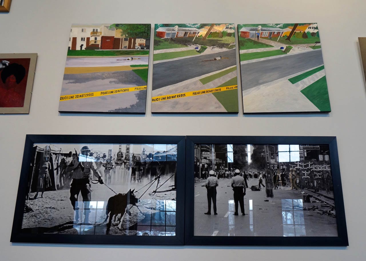 Above: Alexander Dwinell, "There Is/ No Justice/ Just Us" (2014); below: SOL'SAX, "Dog on Dogon Protestors in Detroit" (2014)