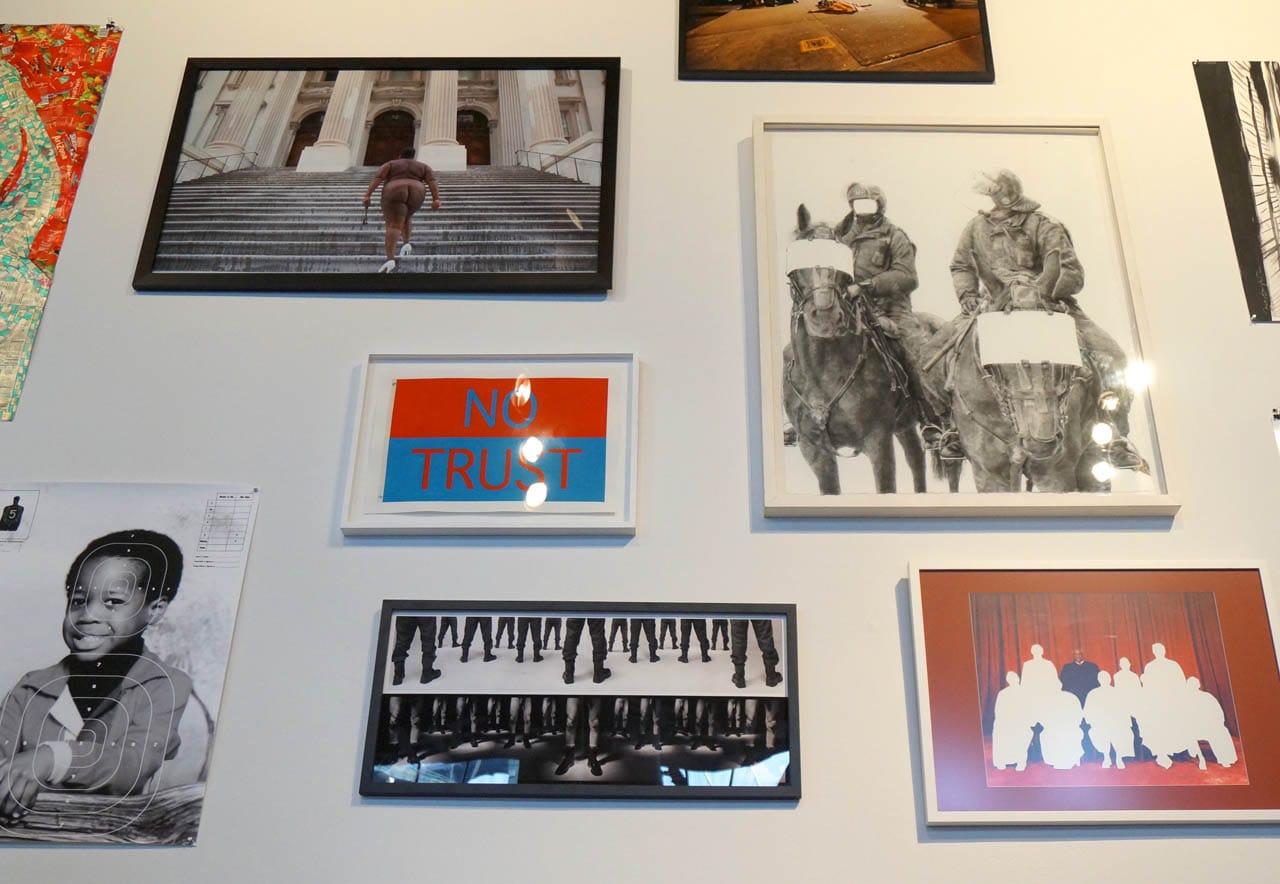 Installation view, 'Respond,' with Nona Faustine's "Over My Dead Body" at top left