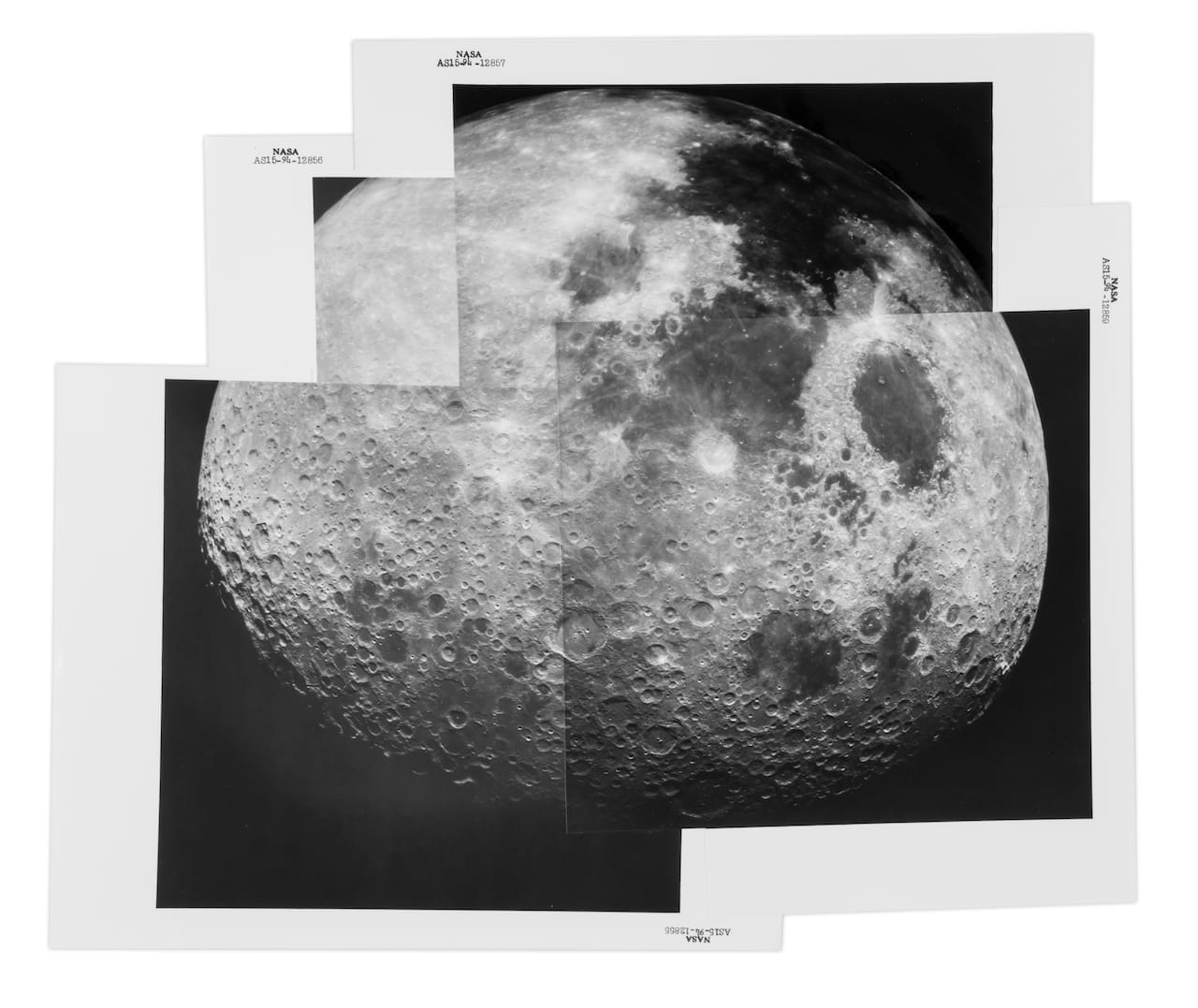 Panorama of the receding Moon, Apollo 15, August 1971  Mosaic of nine vintage gelatin silver prints numbered NASA AS15-94-12855 to AS15-94-12859 in   black in top margin, 32 x 38cm, image 29 x 33cm  The crew was on its way back to Earth when they captured this view of the Moon.