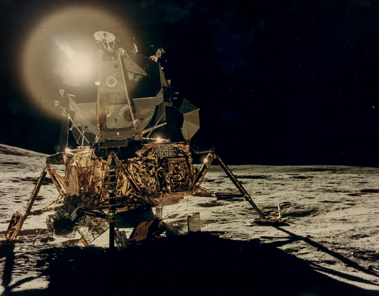 Reflections of the Sun over the LM “Antares” in the lunar black sky, Large-format vintage chromogenic print on fibre-based Kodak paper, borderless, 27.7 x 35.5cm, “A  Kodak Paper” watermark on verso, [NASA negative number AS14-66-9306]. Est. £2,000-3,000 