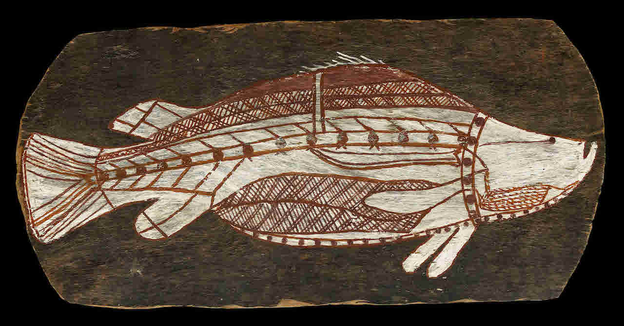 Bark painting of a barramundi. Western Arnhem Land, about 1961. © The Trustees of the British Museum