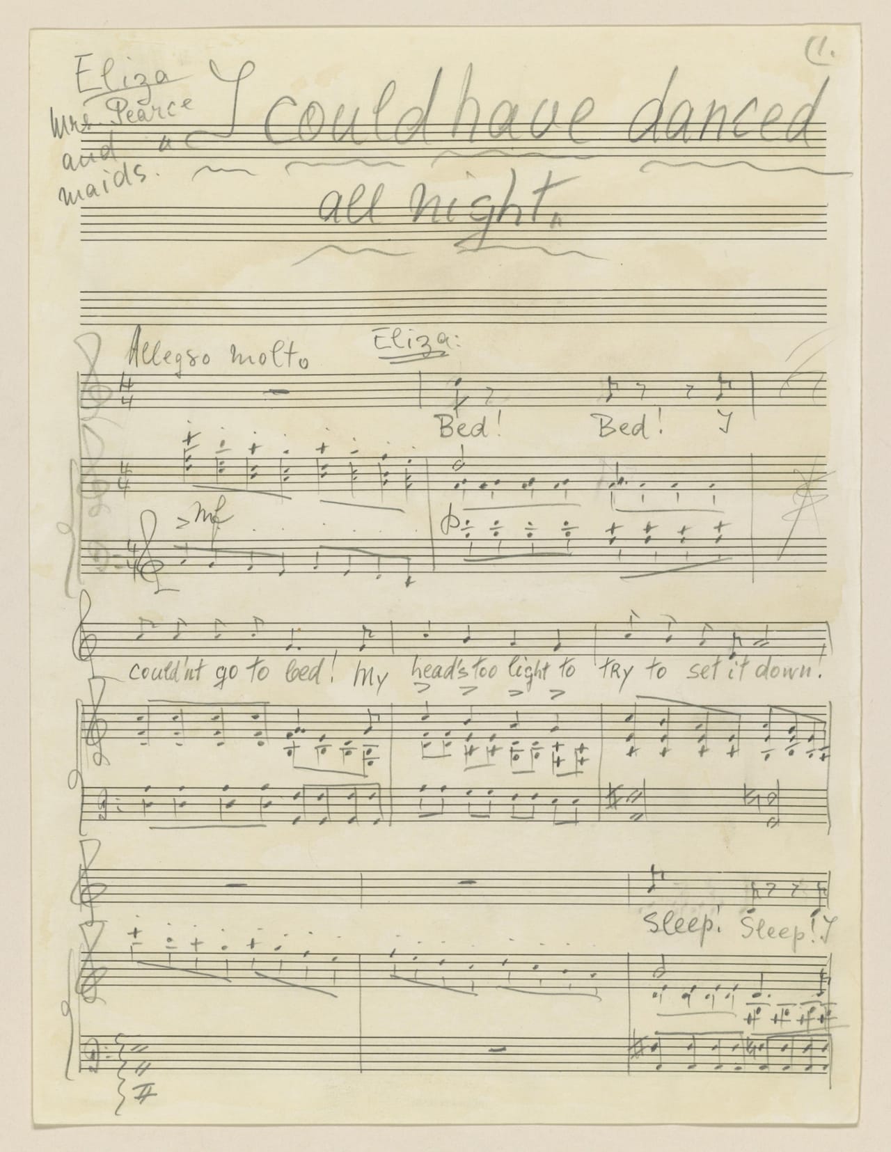 Frederick Loewe (1901–1988), Alan Jay Lerner (1918–1986). “I Could Have Danced All Night” from My Fair Lady, 1956. Composer’s autograph manuscript. Music Division, Library of Congress