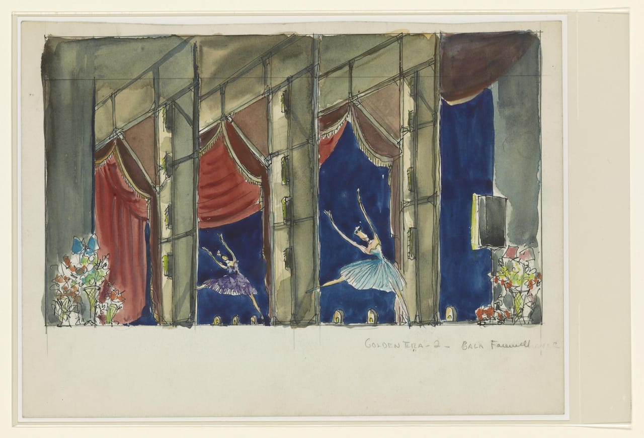 Peggy Clark (1915–1996), Elizabeth Montgomery (1902–1993). Design for the Agnes de Mille Dance Theatre for Barocco and Golden Era, 1953. Watercolor. Music Division, Library of Congress