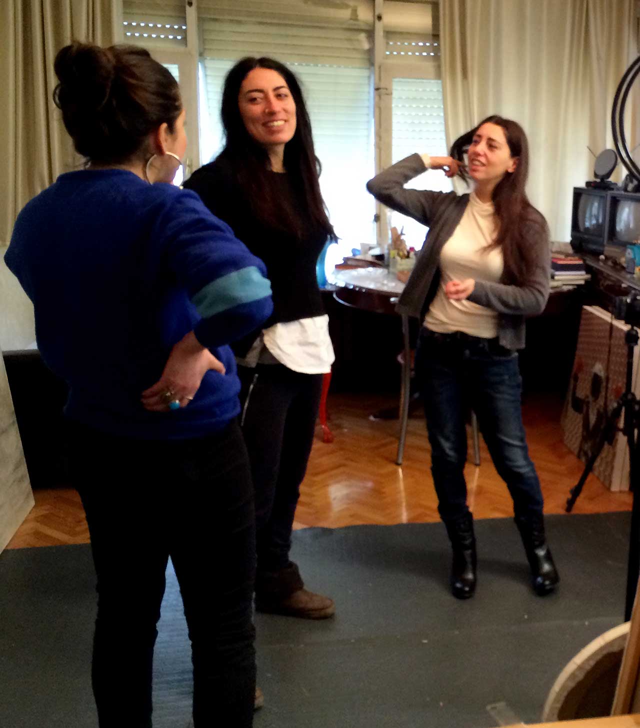 Artists (left to right) Bahar Yurukoglu, Olga Alexopoulou, and Beyza Boynudelik in Boynudelik’s studio (click to enlarge)