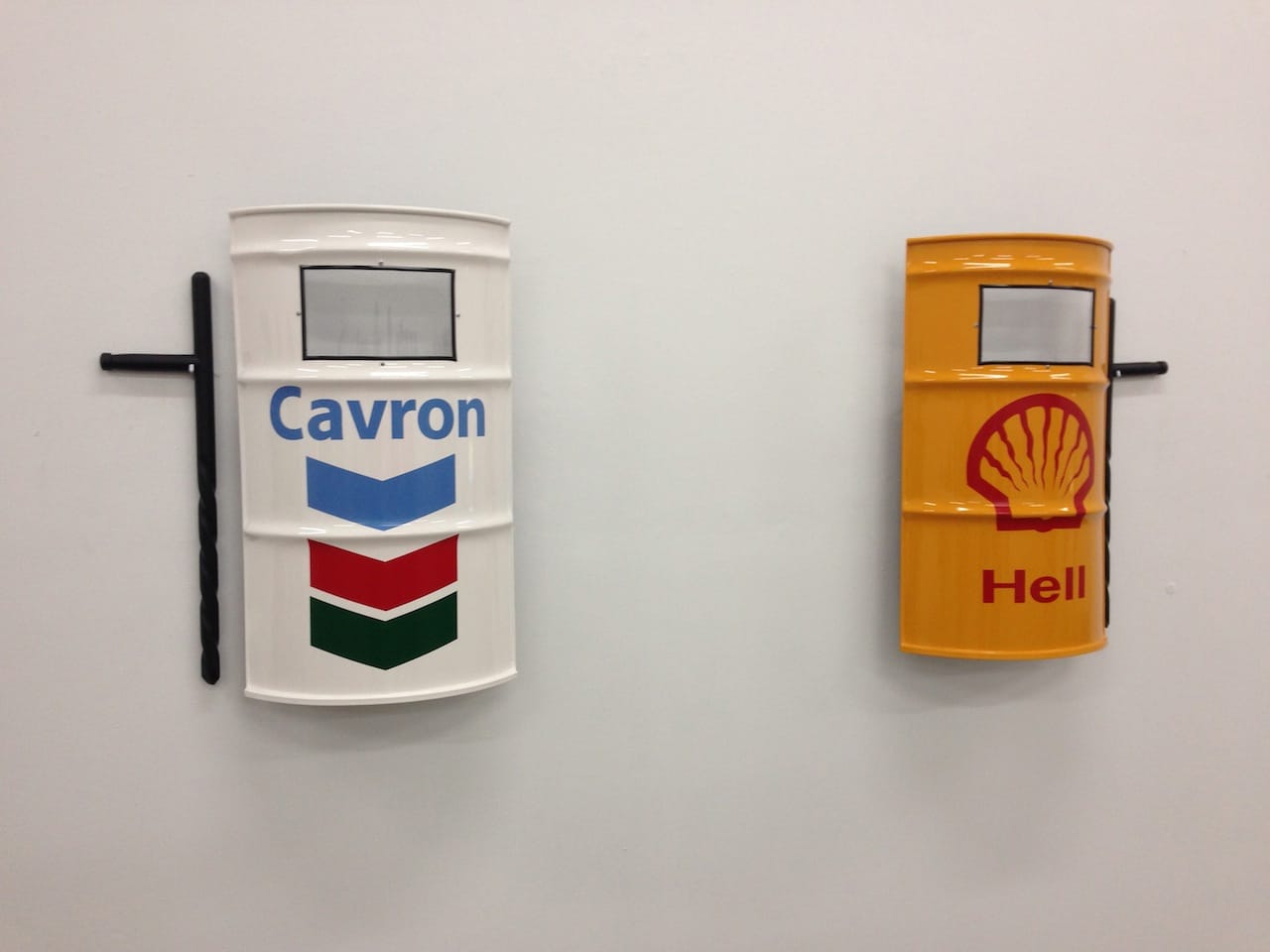 Marco Ramirez ERRE, "Petrochinga" (2014), riot shield made of a recycled oil barrel, 23 x 34 inches