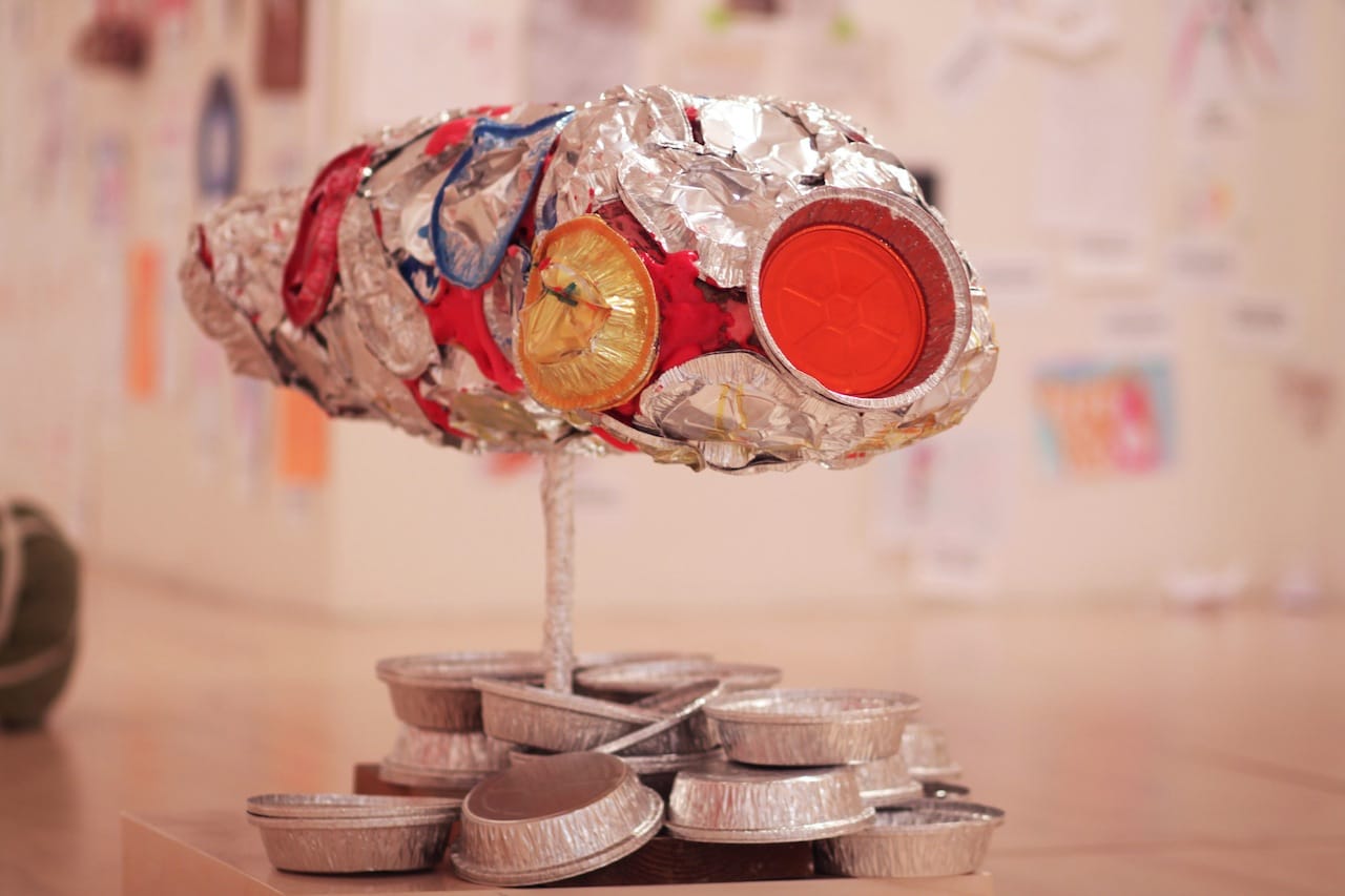 A piece constructed from aluminum to-go containers (click to enlarge)