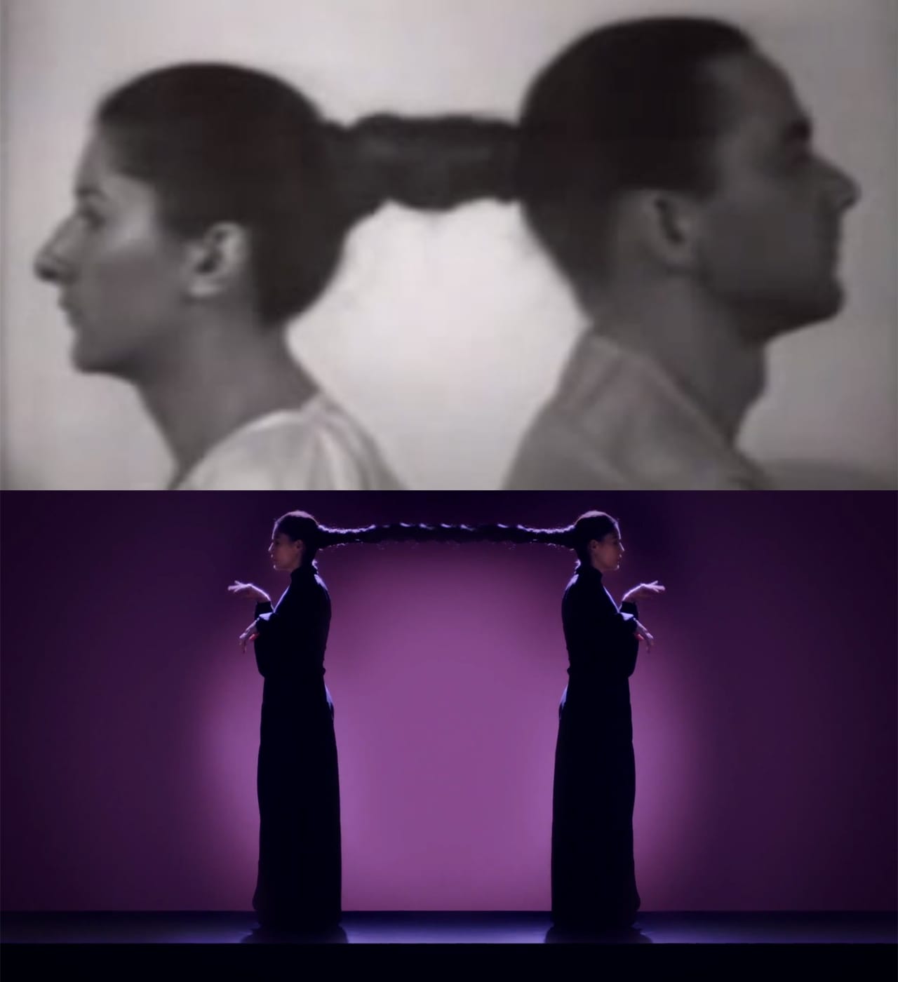 At top: Still from Marina Abramovic and Ulay, "Relation in Time" (1977); below: Still from Jessie Ware, "Champagne Kisses" (image by the author)