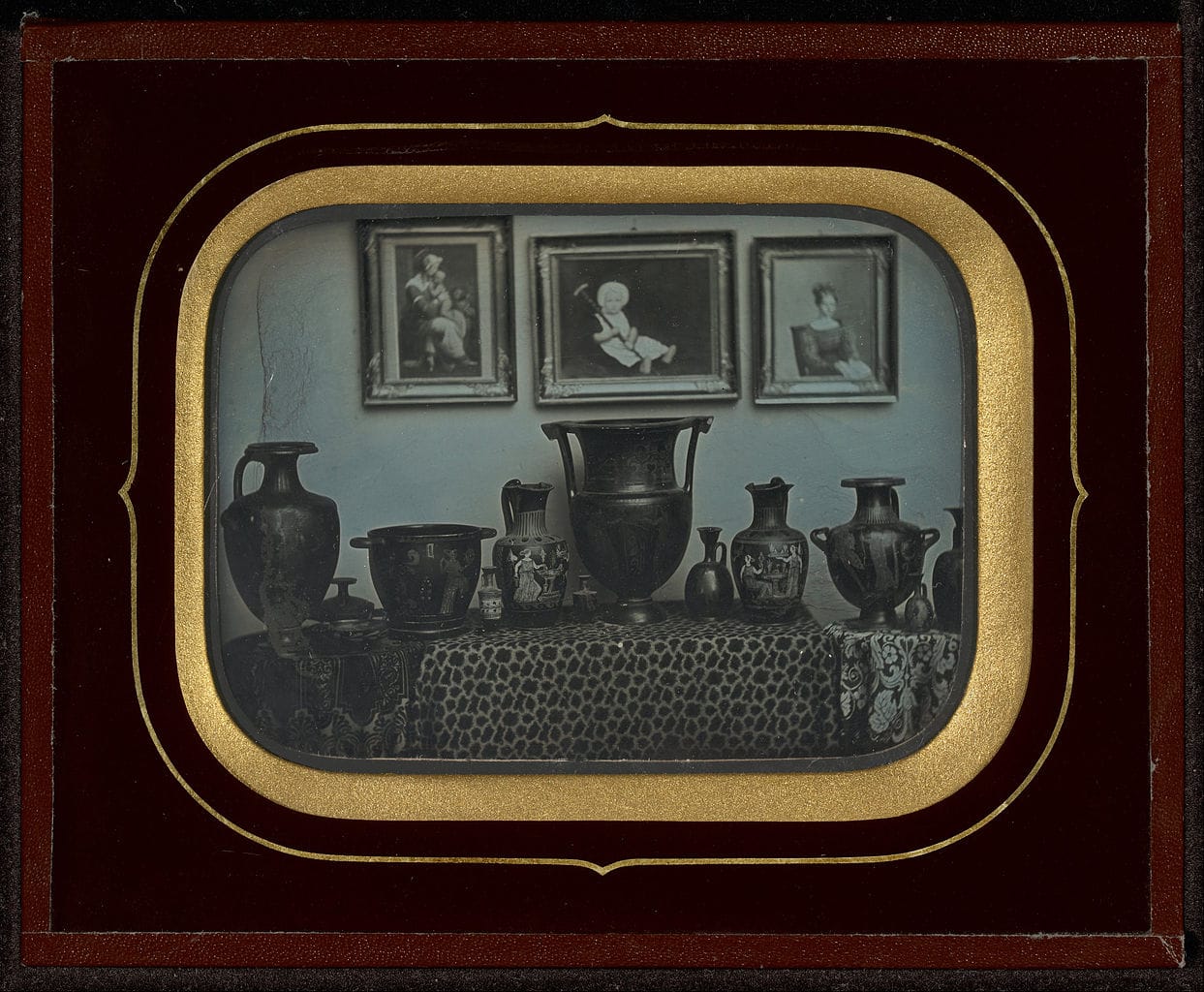 Jean-Gabriel Eynard, "Still Life of Greek Vases and Three Paintings" (1850), daguerreotype (J. Paul Getty Museum, via Wikimedia)