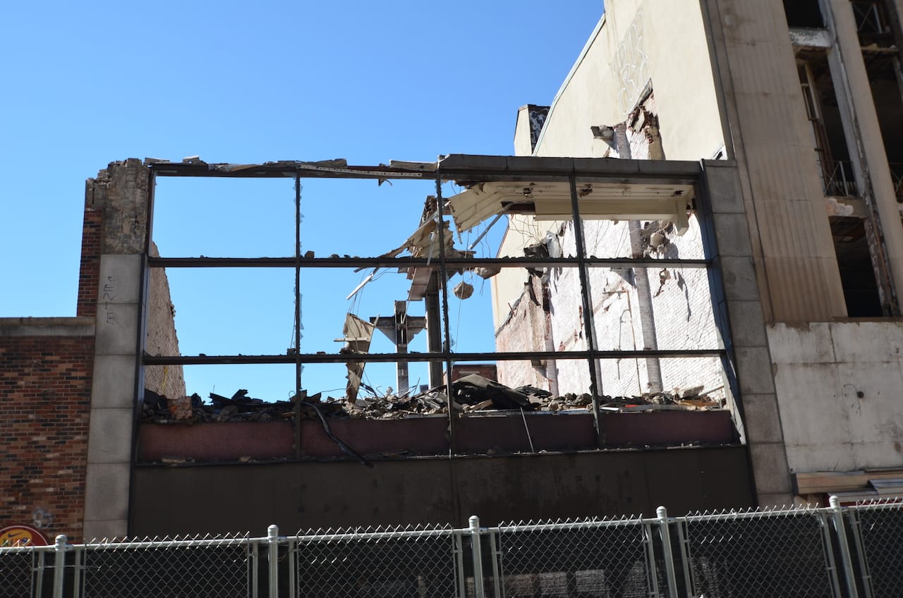 The demolition-in-progress of the Coward Shoes storefront (photograph by Ben Leech, Preservation Alliance for Greater Philadelphia)