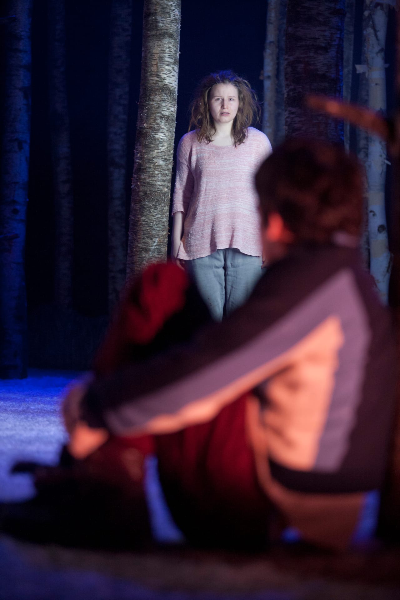 Cristian Ortega as Oskar, Rebecca Benson as Eli in Let the Right One In at St. Ann’s Warehouse (photograph by Pavel Antonov)