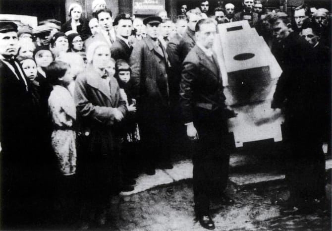 The funeral of Kasimir Malevich in 1935 (via Charnel House)